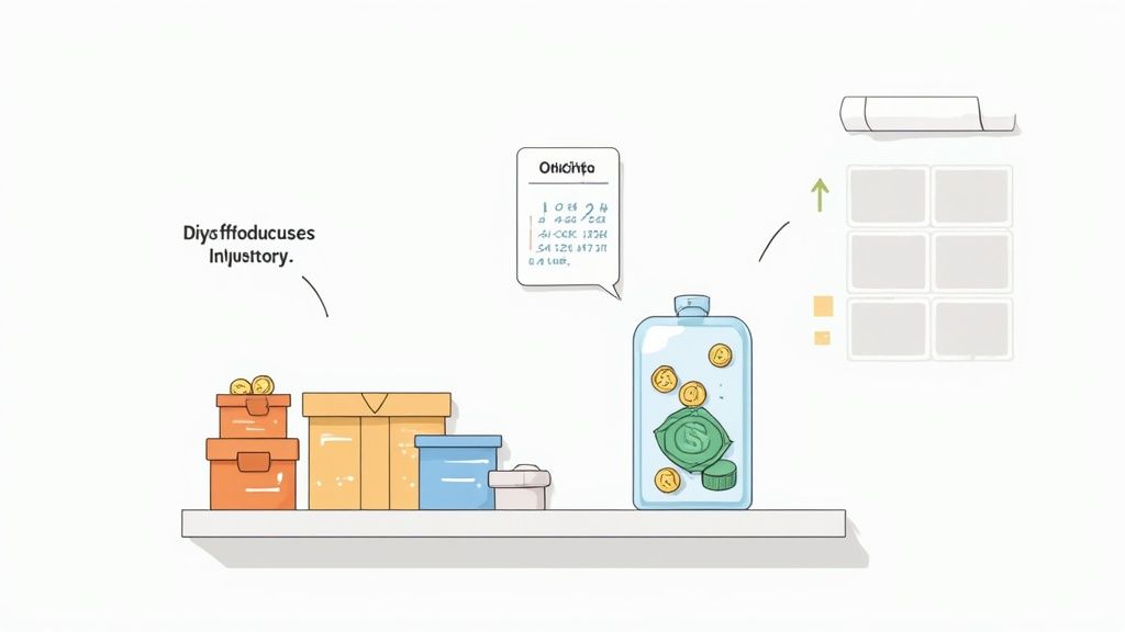 A minimalist illustration of a shelf with various storage boxes, a money jar, and a memo.