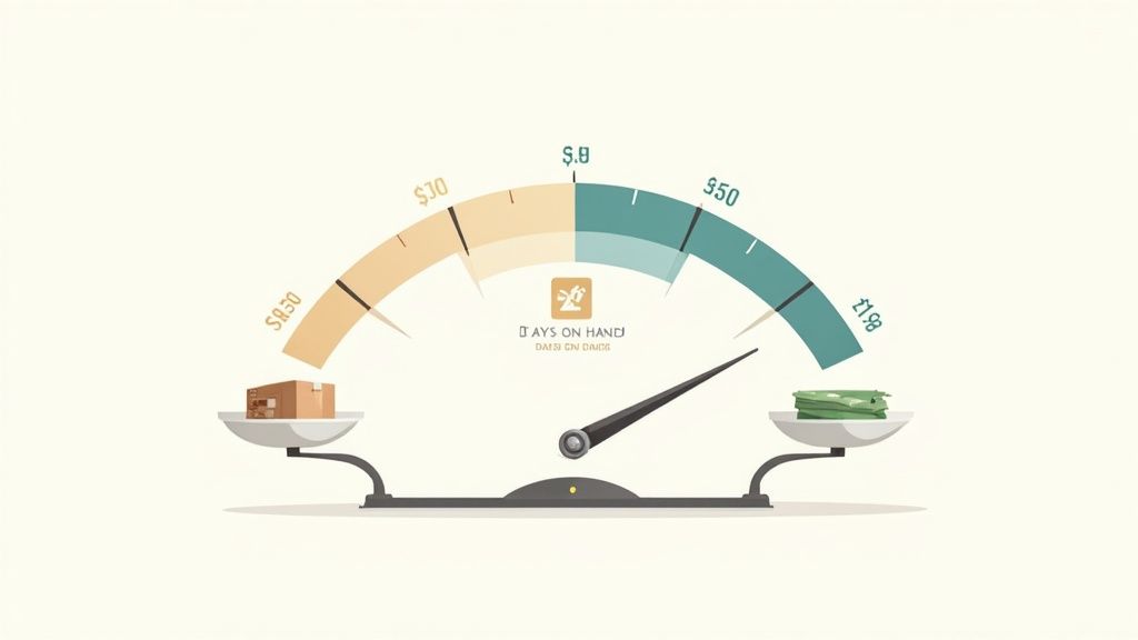 A visual representation of inventory days on hand, showing a balance scale with a box and money, and a gauge.