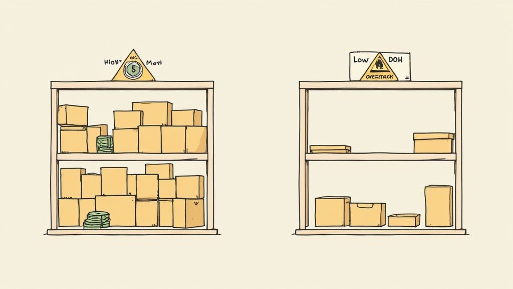 Two shelves illustrating inventory levels: one full labeled 'HIGH MOVI', and one mostly empty labeled 'LOW DOH OVERSTACK'.