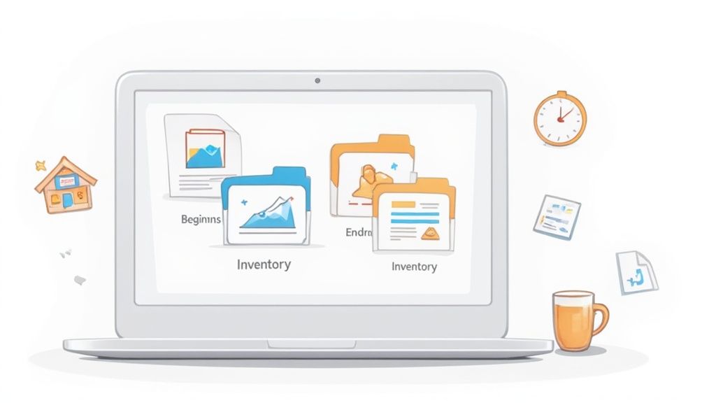 A laptop displaying inventory data, financial charts, and documents, surrounded by a house, clock, and coffee mug.