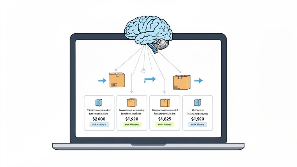 An AI-powered laptop screen displaying inventory management, processing packages, and recommending safety stock options with prices.