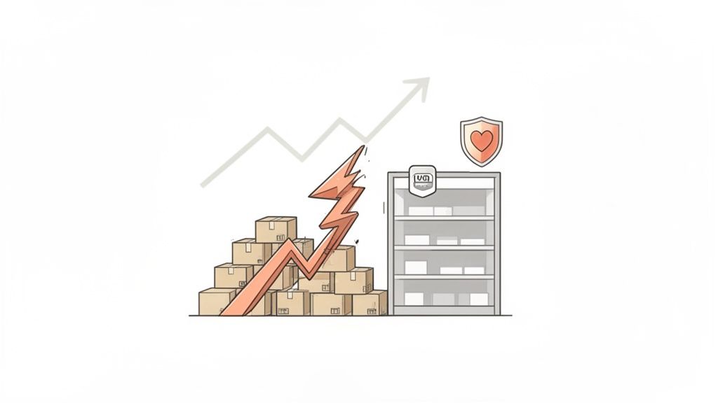 An illustration showing a rising stack of inventory boxes, a growth arrow, and protected product shelves.