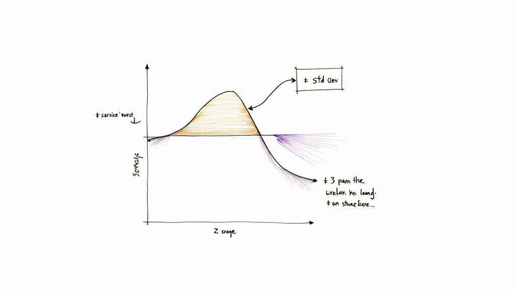 Hand-drawn graph illustrating a normal distribution (bell curve) with standard deviation on Z scope.