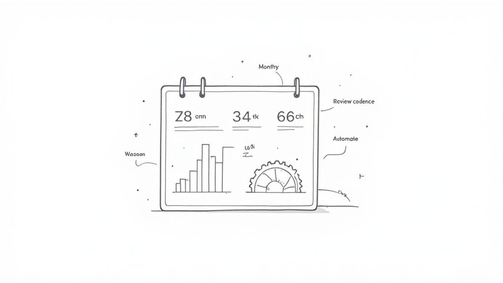 A hand-drawn sketch of a calendar-style dashboard displaying statistics, a bar chart, and a gear icon, with annotations like 'Monthly' and 'Automate'.