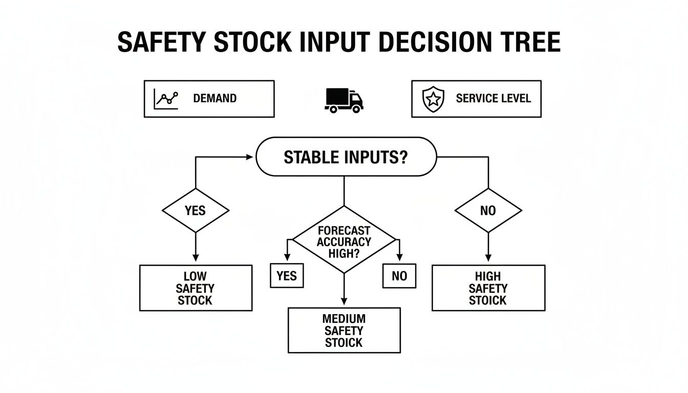 A decision tree for safety stock inputs, considering input stability and forecast accuracy.