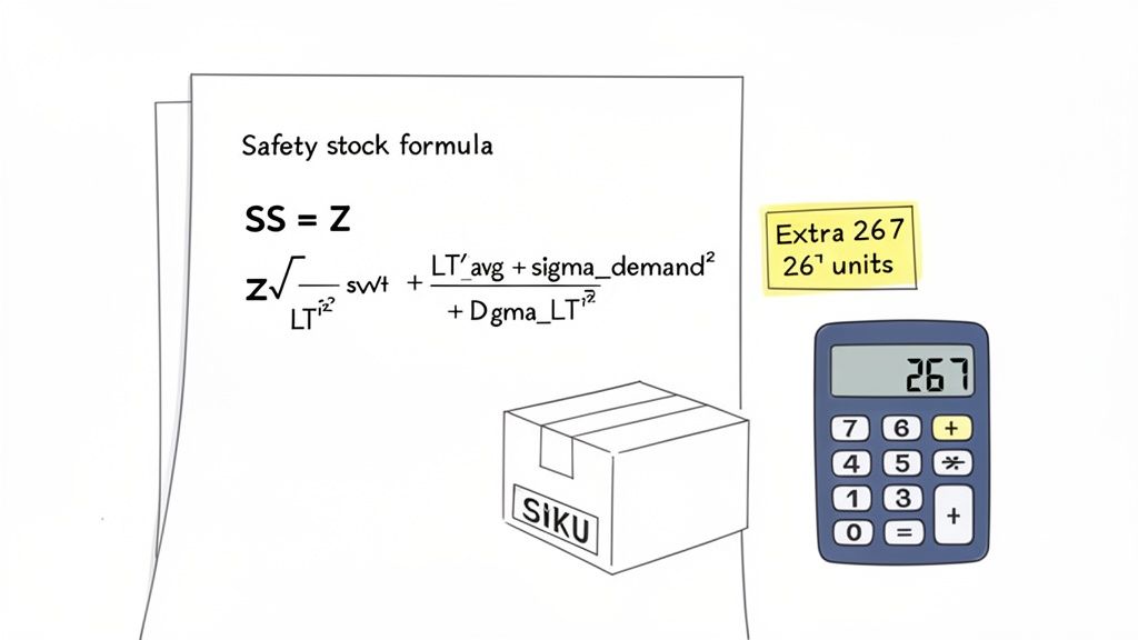 A safety stock formula is displayed on paper next to a calculator showing 267 units and a box.