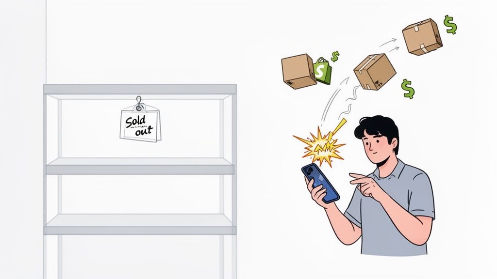 A person uses a smartphone, leading to successful online sales, boxes, money, and sold-out shelves.