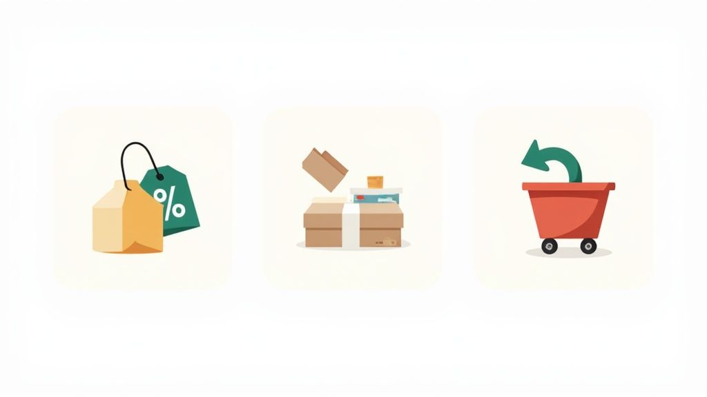 Three vibrant icons illustrating e-commerce processes: sales, inventory management, and product returns.