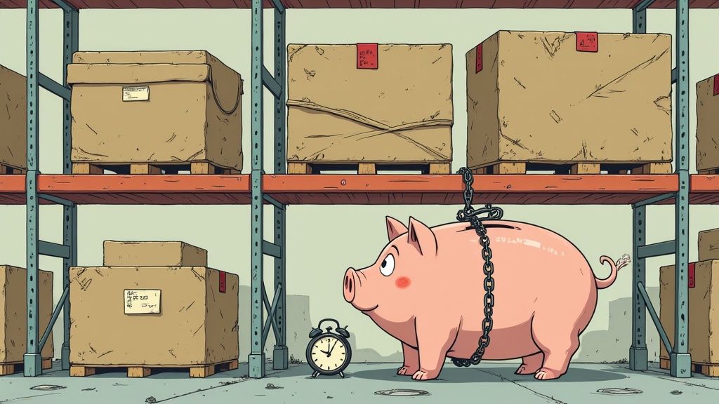 A chained piggy bank with an alarm clock on a warehouse floor, surrounded by stacked boxes.