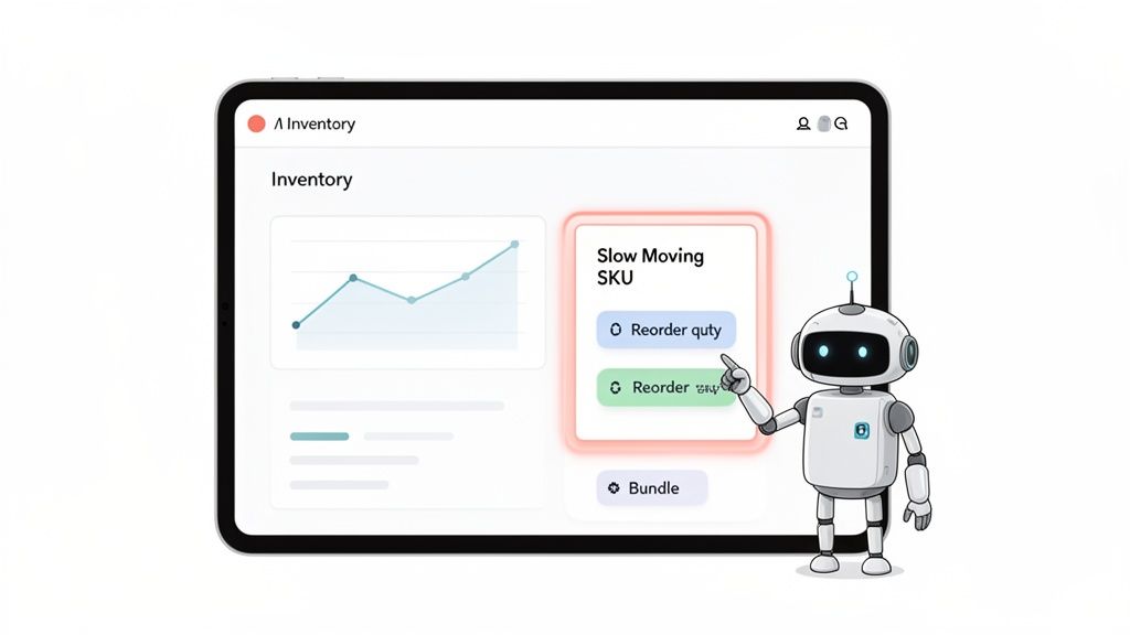 An AI robot points to a tablet screen displaying inventory management options for slow-moving SKUs.