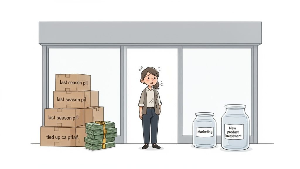 A worried businesswoman faces unsold old inventory, tied-up capital, and empty marketing/investment jars.