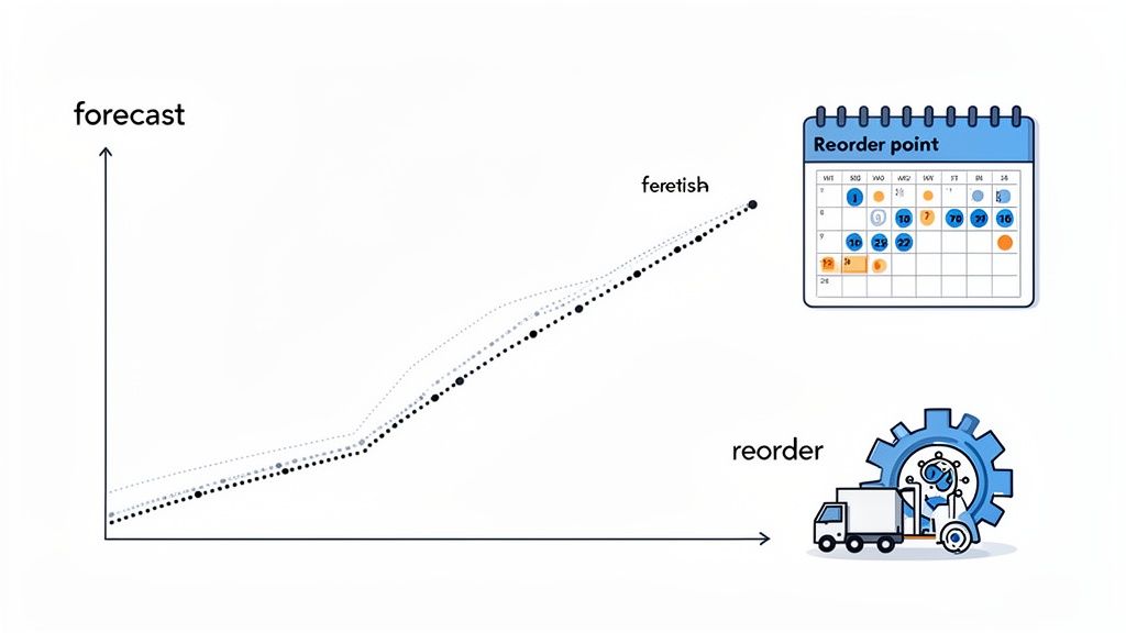 A graphic illustrating inventory management with a forecast chart, reorder calendar, and delivery truck.