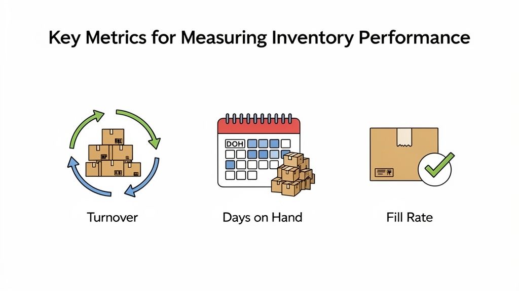 Illustrates key inventory performance metrics: Turnover, Days on Hand, and Fill Rate with icons.