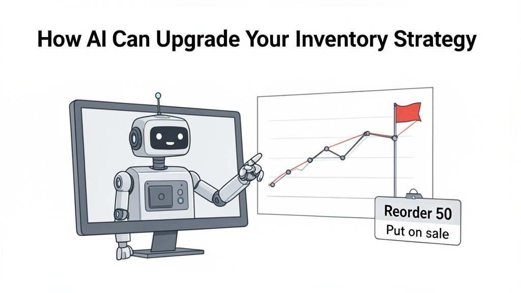 A robot on a monitor displays inventory strategy recommendations, including reordering and sales, based on AI analysis.