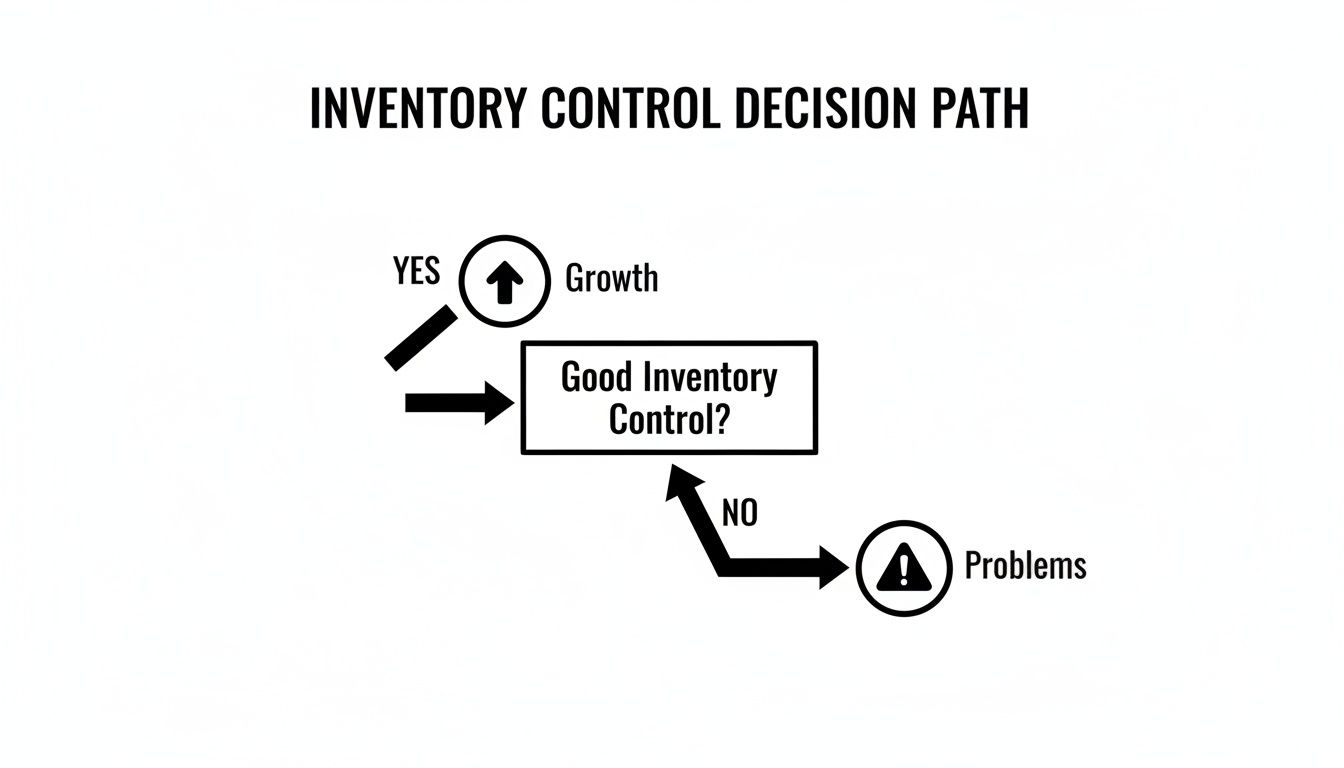 Inventory control decision path flowchart: good control leads to growth, bad control leads to problems, requiring re-evaluation.