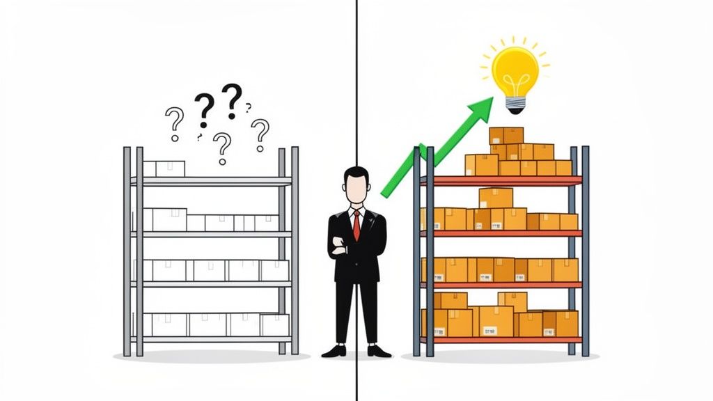 Businessman comparing uncertain, sparse inventory with question marks to a full, optimized stock with an idea.