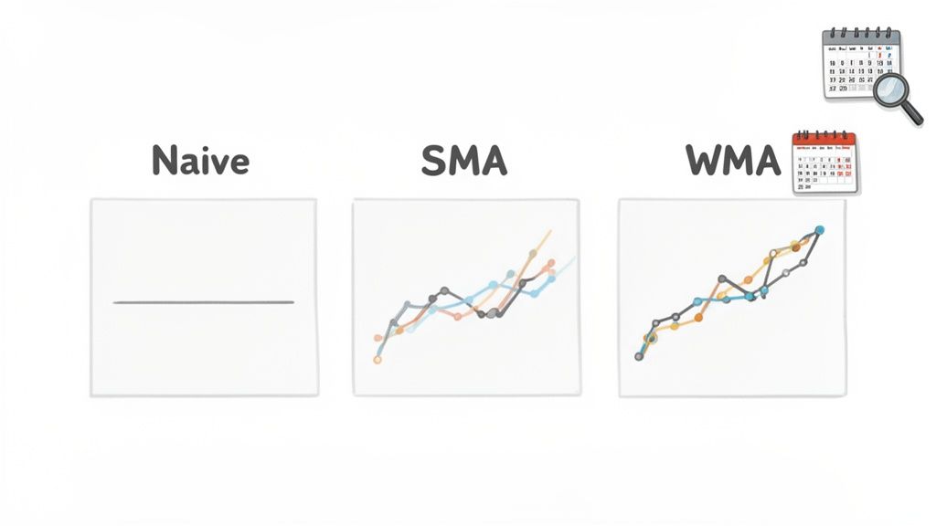 Charts comparing Naive, SMA, and WMA forecasting methods, accompanied by calendar icons.