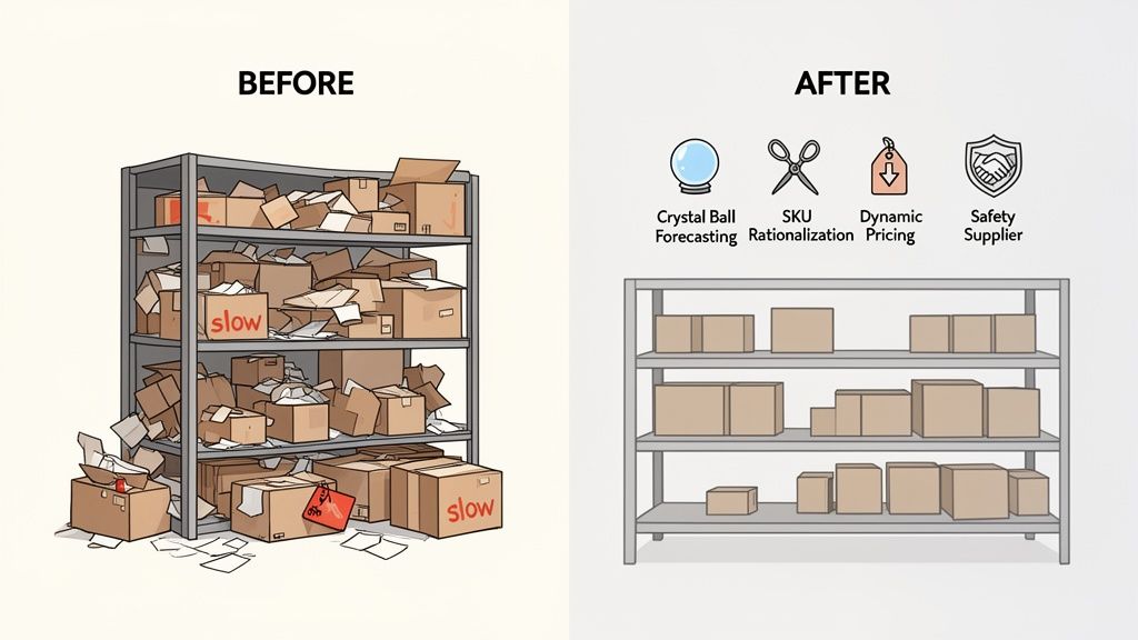 Before and after image contrasting a messy, overstocked warehouse shelf with an organized, optimized one.