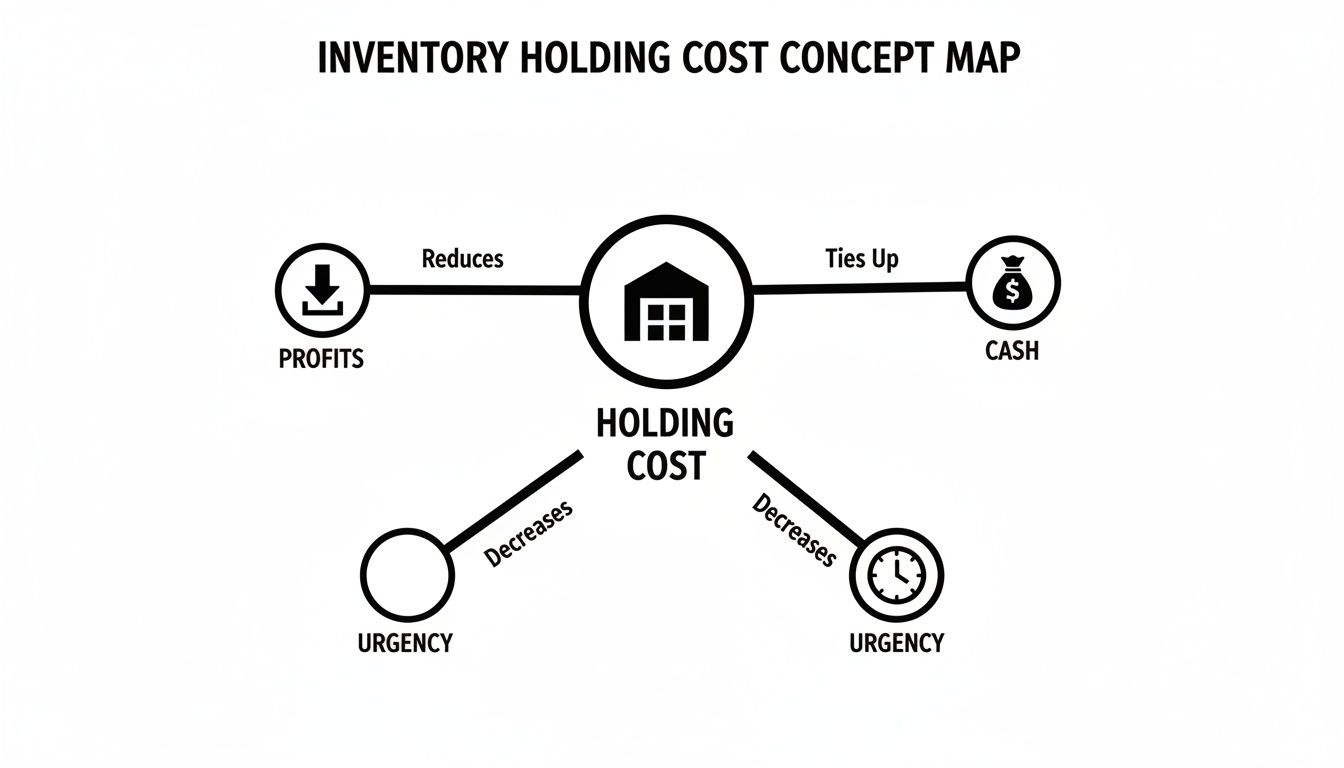 A concept map illustrating inventory holding cost, showing its impact on profits, cash, and urgency.
