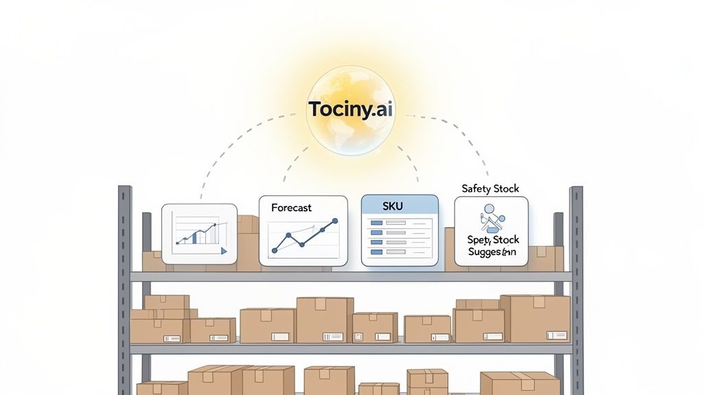 Tociny.ai AI platform connected to warehouse shelves, managing forecast, SKU, and safety stock suggestions.