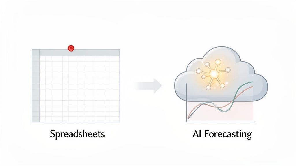 Visualizing the transformation of data from spreadsheets to advanced AI forecasting solutions in the cloud.