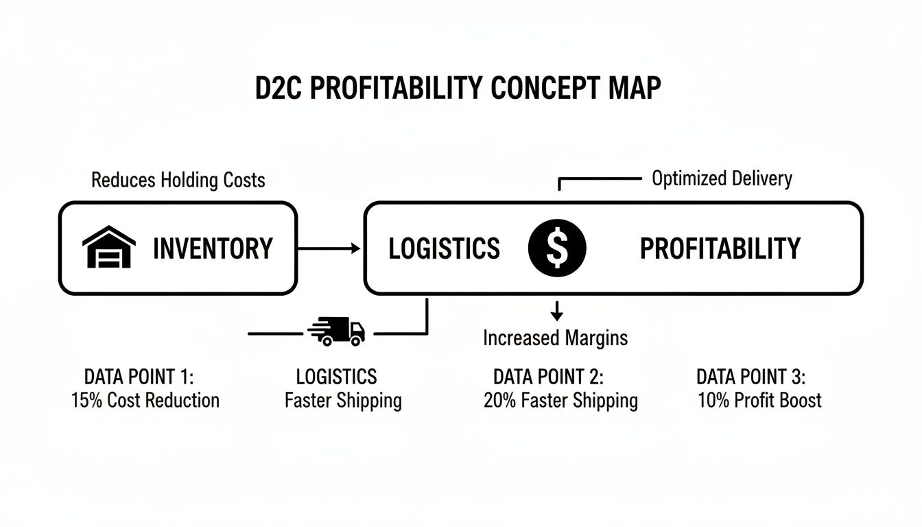 Concept map illustrating D2C profitability through inventory cost reduction, faster logistics, and increased margins.