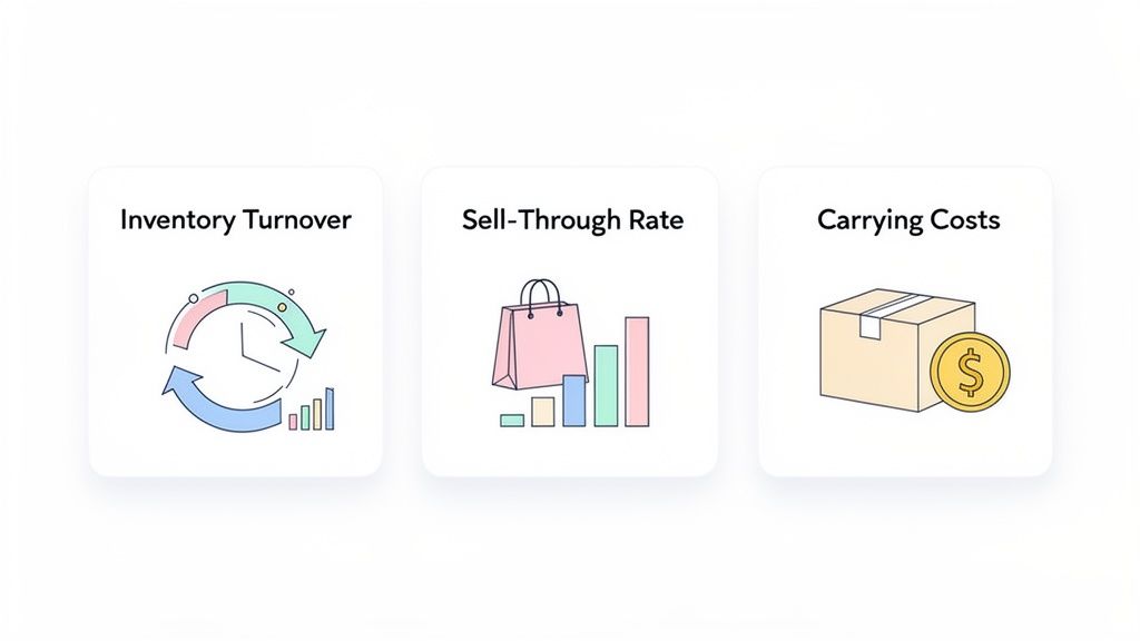 Three cards illustrating key inventory management metrics: Inventory Turnover, Sell-Through Rate, and Carrying Costs.