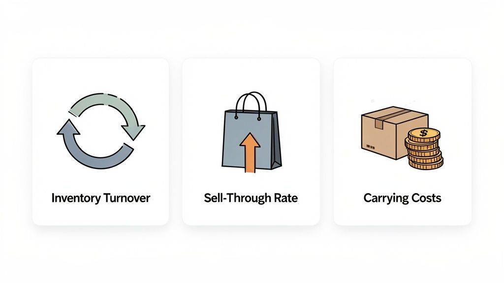 Three cards illustrating key inventory management metrics: Inventory Turnover, Sell-Through Rate, and Carrying Costs, with icons.