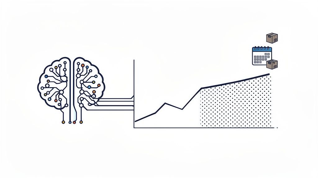 AI brain processes data connected to a rising graph, indicating smart inventory forecasting with calendar and boxes.
