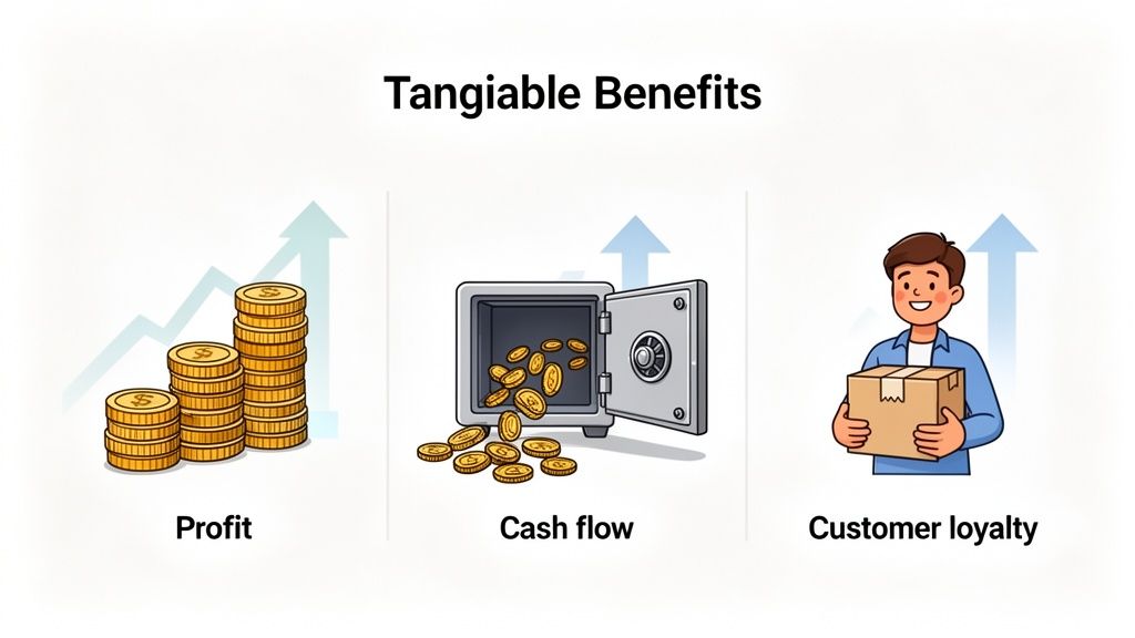 An illustration of tangible business benefits including profit with stacked coins, cash flow from a safe, and customer loyalty.