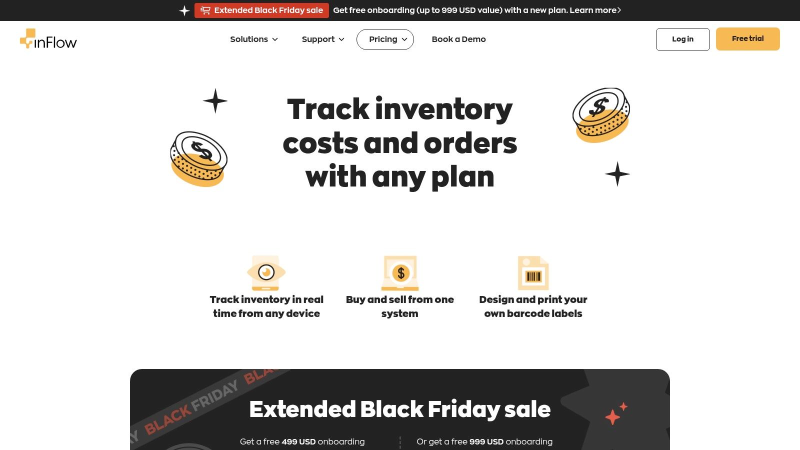 inFlow Inventory software showing product list with stock levels, categories, and locations.