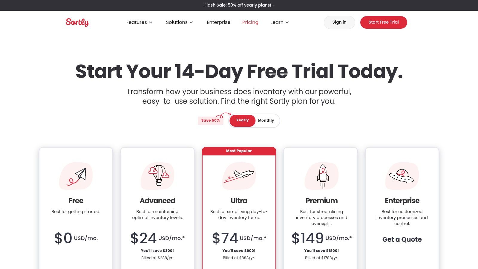 Sortly's pricing plans, showcasing its tiered structure with different features and item limits per plan.