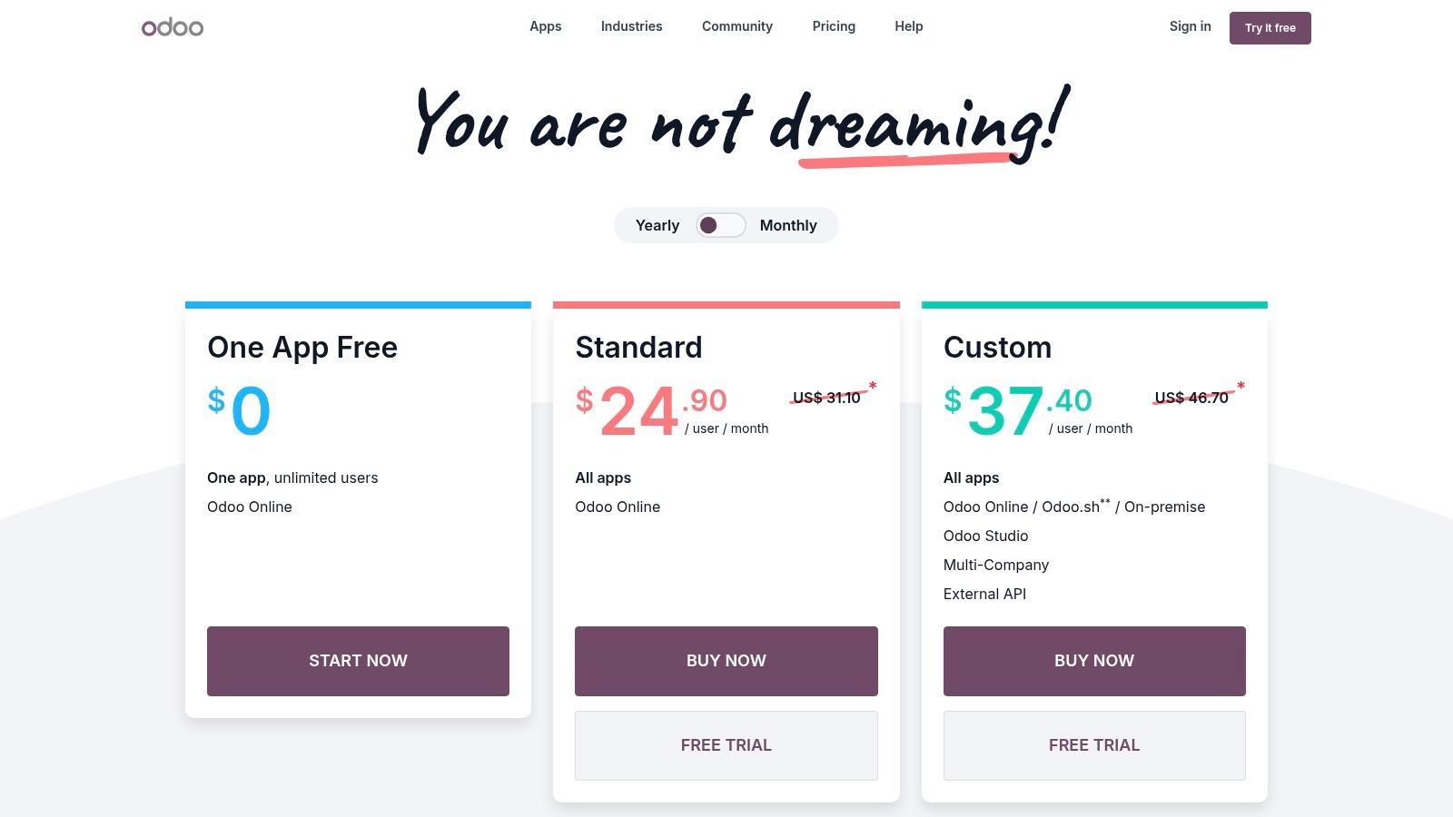 Odoo Inventory's pricing page highlighting the 'One App Free' offer, making it accessible for startups.
