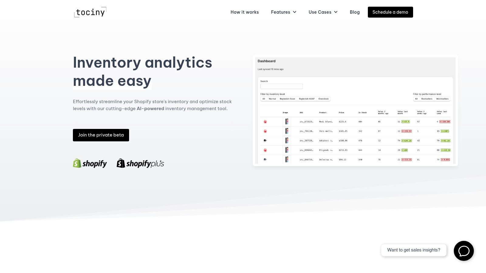 Tociny.ai inventory dashboard showing stock levels and sales forecasts