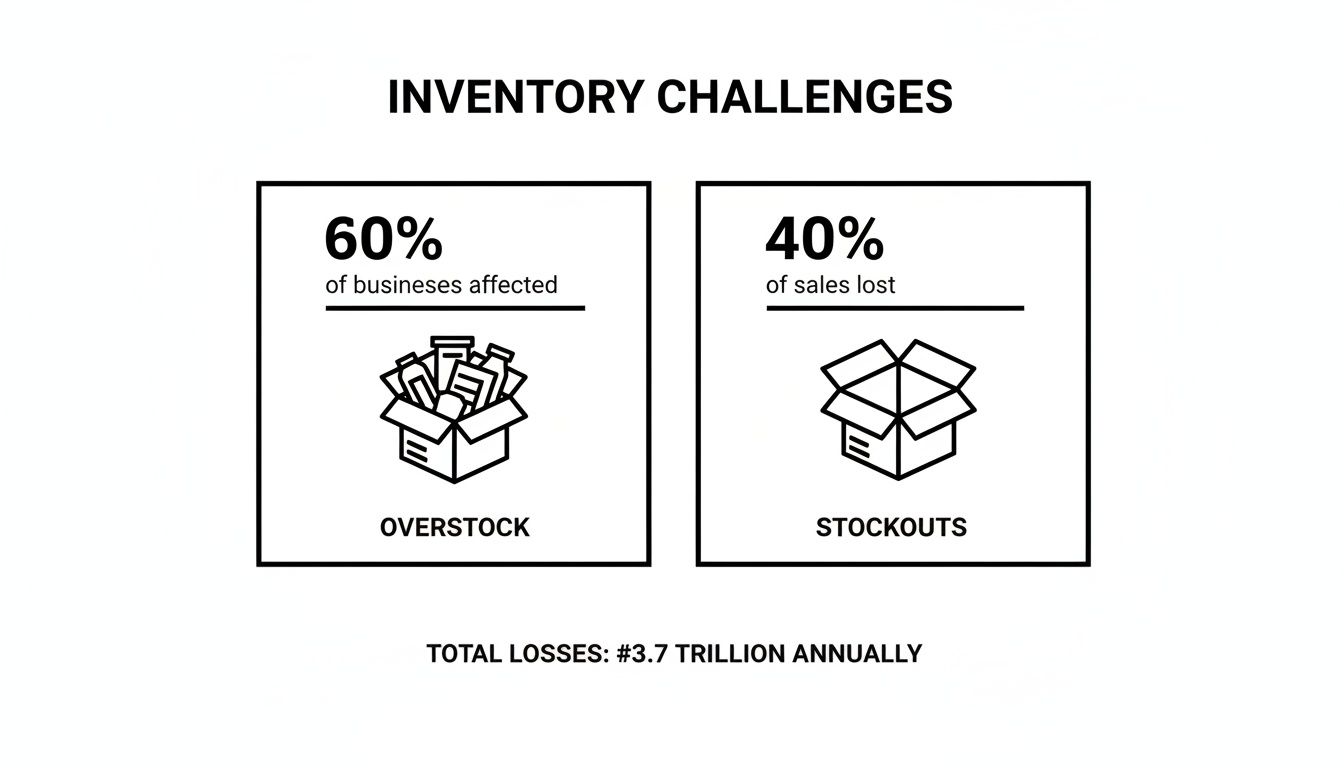 Infographic detailing inventory challenges: 60% businesses affected by overstock, 40% sales lost to stockouts, $3.7 trillion total annual losses.