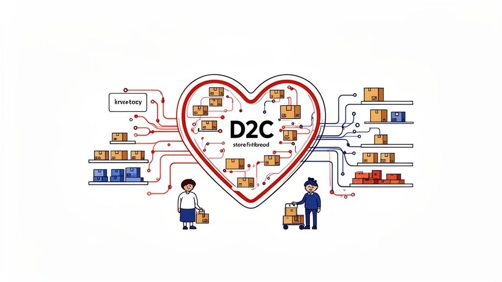 A diagram illustrating D2C inventory management with boxes, shelves, and people connected by circuits.