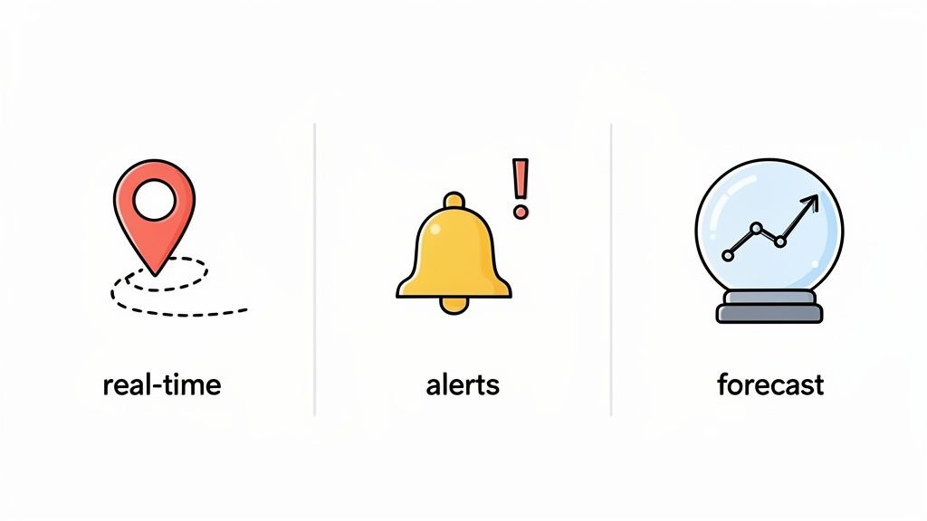 Three icons representing real-time tracking, alerts, and data forecasting for system monitoring.