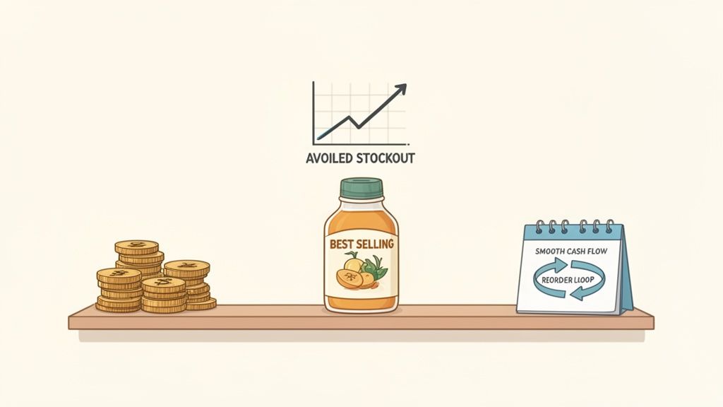 Illustration showing increased profits, avoided stockouts for a best-selling product, and smooth cash flow.
