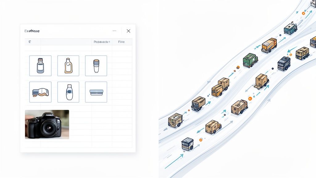 A screen displaying product inventory items and a camera, next to an illustration of numerous delivery trucks in motion.