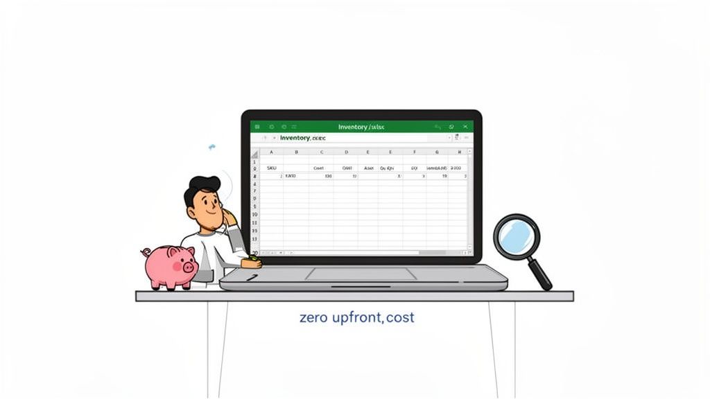 Cartoon man managing inventory on a laptop with a piggy bank, magnifying glass, and 'zero upfront, cost' text.