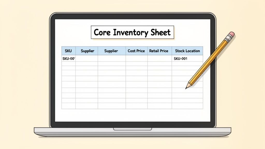 A laptop displays an 'Core Inventory Sheet' spreadsheet with columns and sample data, alongside a pencil.