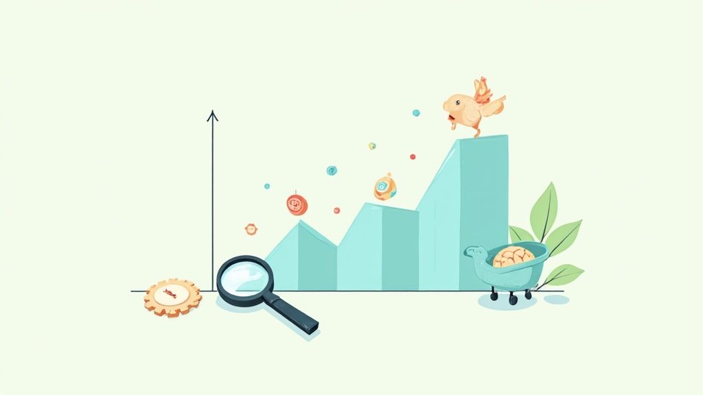 An illustration showing a bar graph trending upwards, with a magnifying glass, gear, and bird-like creature with a brain, symbolizing analysis and growth.