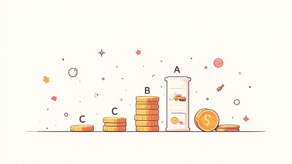 An illustration of different sized gold coin stacks and an inventory container, labeled A, B, C.