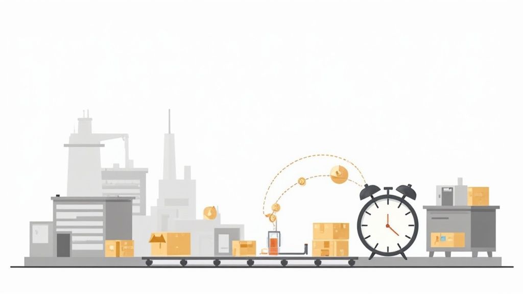 An illustration of a factory, conveyor belt with boxes, alarm clock, and data flow, representing inventory optimization.