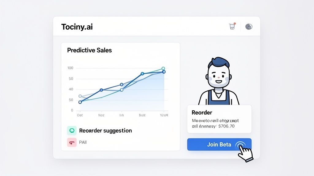 Tociny.ai inventory management software dashboard with predictive sales graph and reorder suggestions.