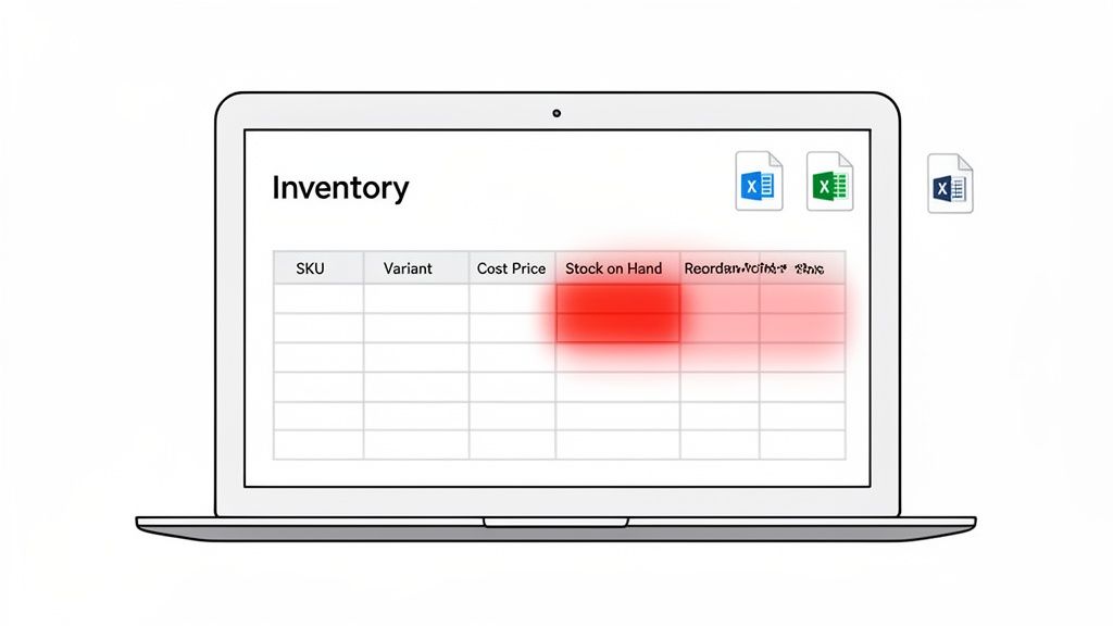 A laptop screen displays an inventory management spreadsheet with 'Stock on Hand' column highlighted in red.