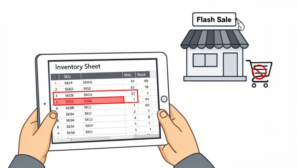 Digital inventory sheet on a tablet showing low stock for items during a flash sale with a sold-out cart.