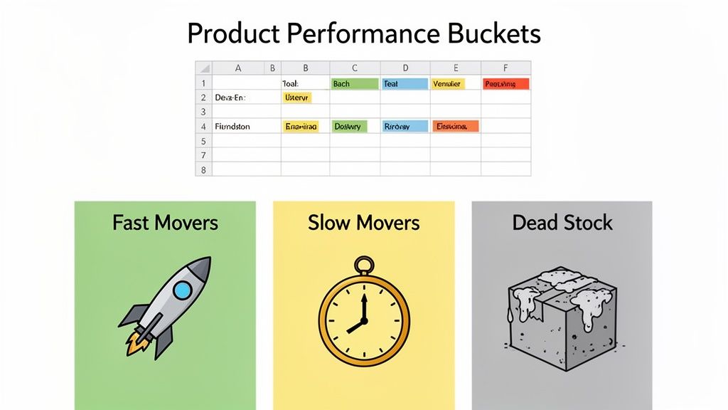A spreadsheet displaying product performance data categorized into fast, slow, and dead stock, with illustrative icons.