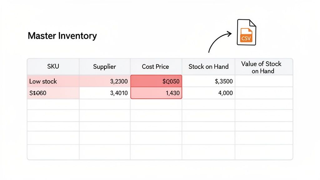 A master inventory spreadsheet showing low stock, cost prices, and a CSV export icon.