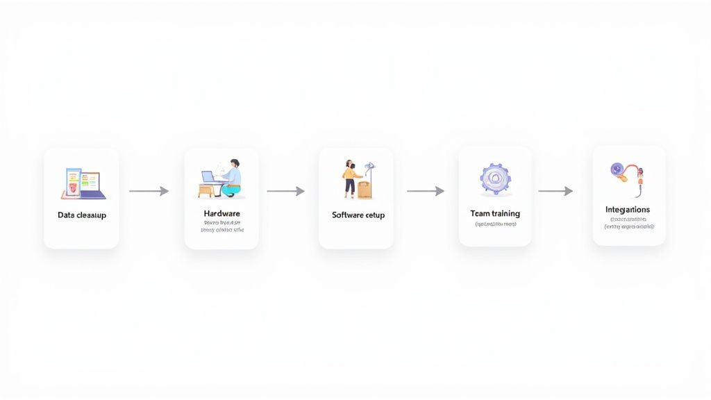 A five-step process diagram illustrating data cleanup, hardware, software setup, team training, and integrations.